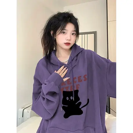 美式复古连帽潮牌卫衣女秋冬宽松韩系慵懒风chic加绒加厚上衣外套商品大图