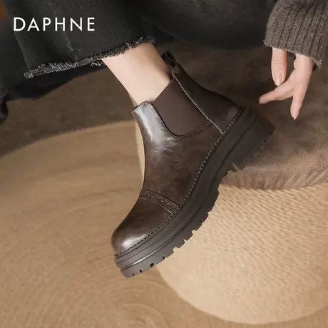 达芙妮棕色短靴女2025新款秋冬英伦风厚底马丁靴切尔西弹力瘦瘦靴商品大图