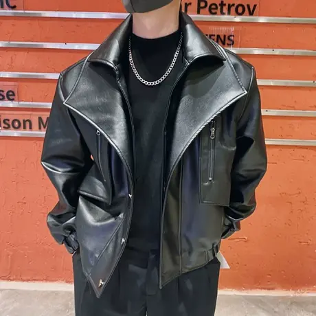 美式复古双领皮衣外套发型师重工高级感个性痞帅机车服皮夹克INS商品大图