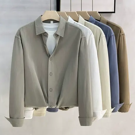 长袖衬衫男春秋款宽松纯棉内搭轻商务休闲上衣白色翻领衬衣外套男商品大图