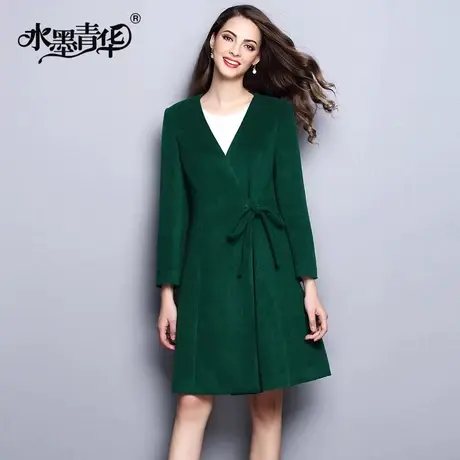 水墨青华2023冬装新品V领长袖系带修身毛呢外套百搭中长款女大衣图片