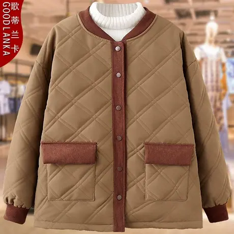 加大码中年胖妈妈冬季羽绒棉服女宽松时尚撞色灯芯绒拼接棉衣外套商品大图