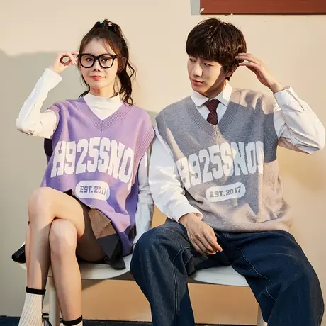 唐狮情侣针织红色V领毛衣春秋新款马甲背心毛衫新年衣服潮ins图片