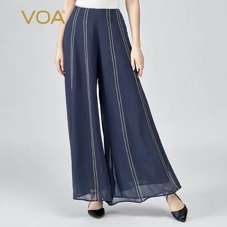 VOA真丝乔其纱黛蓝自然腰斜插口袋隐形侧拉明线装饰桑蚕丝阔腿裤商品大图