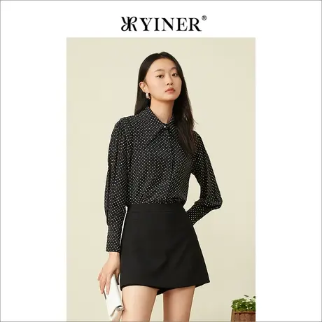 YINER音儿专柜女装2022夏季新款时尚波点印花真丝衬衫商品大图