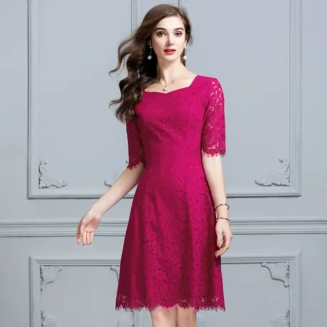 水墨青华夏装新品时尚修身A字裙优雅收腰简约纯色蕾丝连衣裙商品大图