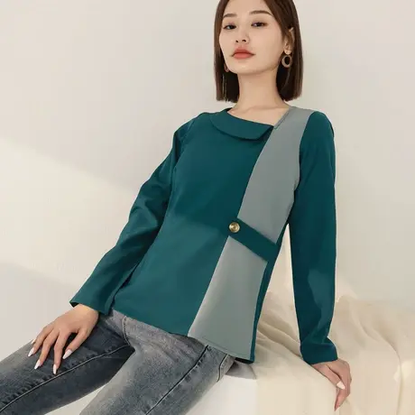 桔熊秋季通勤设计感不易皱拼色长袖不对称斜领上衣女大码AB18962商品大图