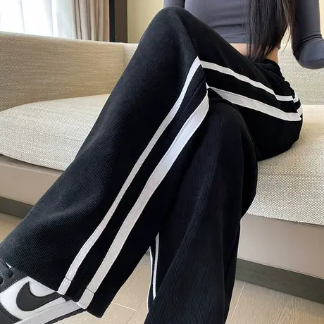 灯芯绒休闲高腰阔腿裤女秋冬季宽松雪尼尔慵懒侧条纹香蕉运动卫裤图片