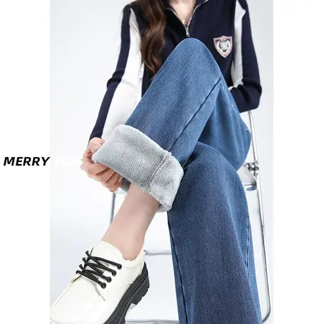 复古加绒牛仔裤女直筒宽松2023新款高腰冬季显瘦保暖宽松阔腿裤子商品大图