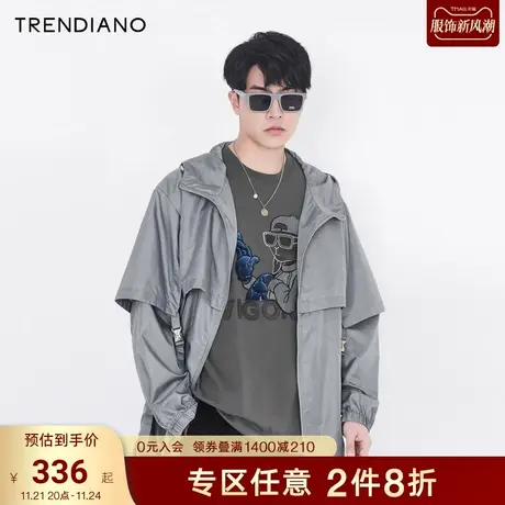 TRENDIANO官方潮牌春秋季时尚简约假两件拼接连帽休闲风衣外套男图片