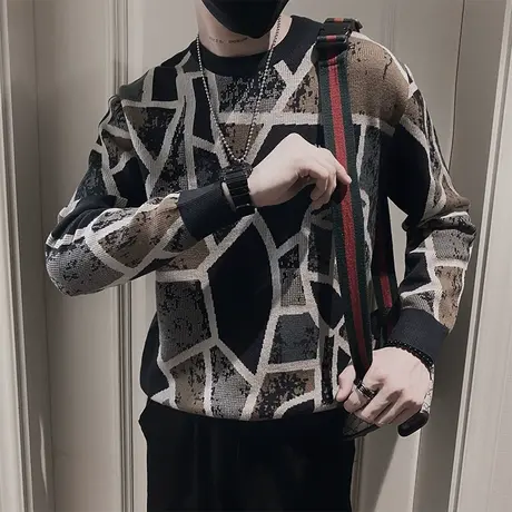 毛衣男秋冬新款ins重磅拼色几何提花设计感套头内搭针织衫线衣t恤商品大图