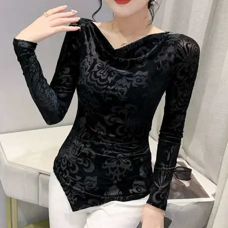 性感一字肩不规则长袖T恤女早秋别致上衣修身显瘦印花网纱打底衫商品大图