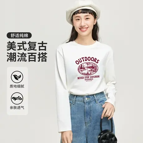 真维斯Z+女装 纯棉百搭打底衫秋季新款设计感撞色双面印花长袖T恤商品大图