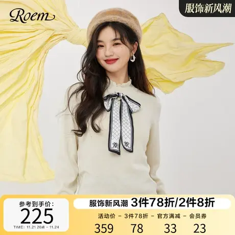 Roem秋冬商场同款甜美木耳边半高领蝴蝶结百搭时尚长袖针织衫女图片