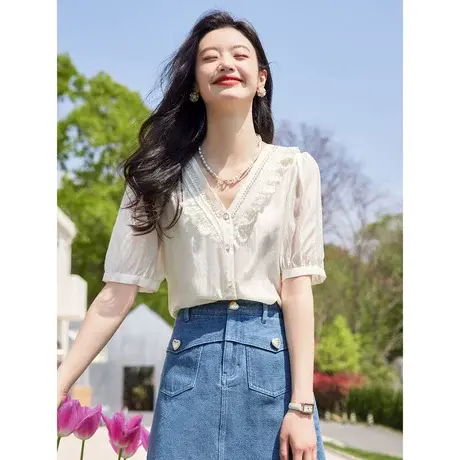 时尚气质天丝V领短袖衬衫2023年夏季新款淑女温柔宽松显瘦上衣图片