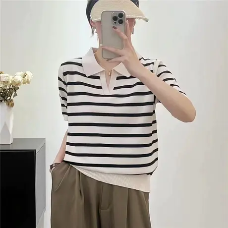 时尚洋气剪刀领POLO衫女短袖针织衫女夏季新款宽松显瘦条纹T恤衫商品大图