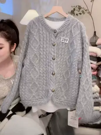 韩版宽松复古法式麻花针织开衫女2023秋装新款时尚百搭毛衣外套洋图片