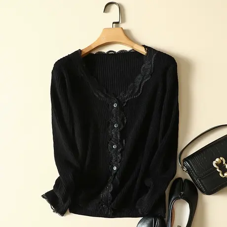 V领针织长袖女气质镂空蕾丝花边毛衣宽松内搭打底衫女温柔风百搭商品大图