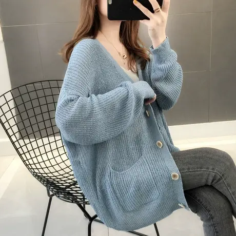 新款早秋针织衫女开衫薄款韩版宽松百搭外套牛油果绿外搭春秋图片