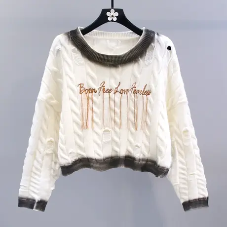 美式复古破洞扎染毛衣女秋冬2023新款宽松慵懒风设计感短款针织衫商品大图