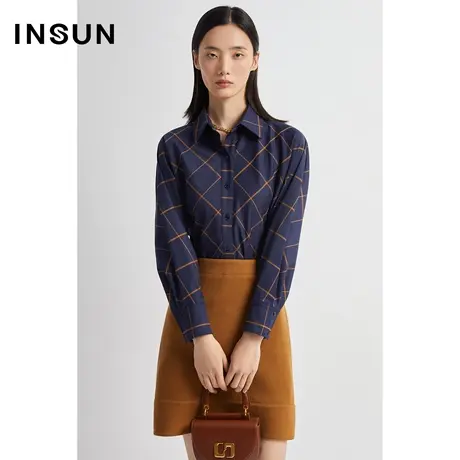 INSUN恩裳冬季几何格纹拼接落肩衬衫图片