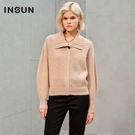 INSUN恩裳线上专选秋季翻领坑条肌理羊毛针织衫商品大图