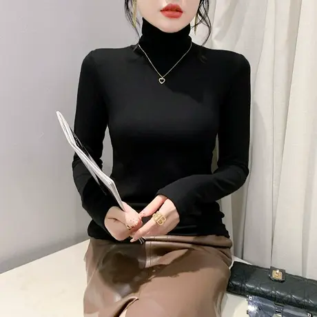 黑色秋冬新款高领T恤女长袖时尚减龄纯色上衣洋气修身收腰打底衫商品大图