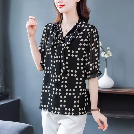 雪纺衫女短袖上衣2023年新款夏装碎花大码宽松胖mm妈妈遮肚子显瘦商品大图