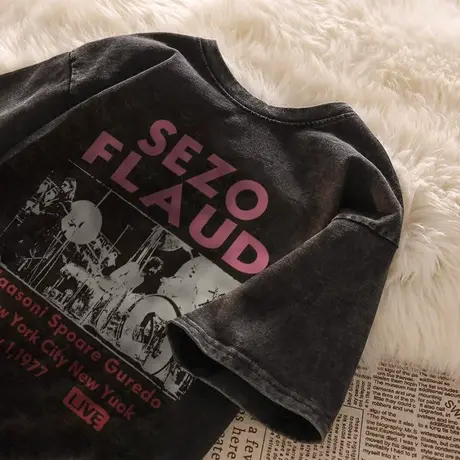 重磅中の重磅~美式复古水洗黑短袖女夏季宽松oversize做旧t恤上衣图片