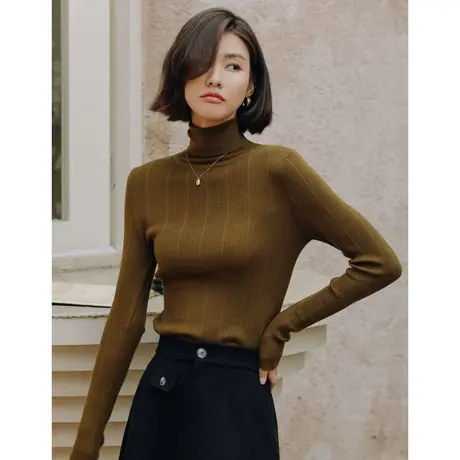 弥古法式高领针织打底衫高级感女秋冬绿色肌理感坑条毛衣内搭上衣商品大图