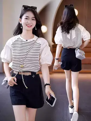 条纹拼接假两件短袖衬衫女夏季2023年新款圆领法式高级感衬衣上衣商品大图
