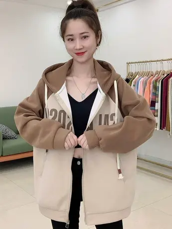 韩版休闲百搭宽松撞色拼接字母印花连帽棒球服外套卫衣女2023新款商品大图