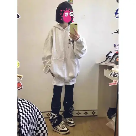 美式复古蜘蛛连帽卫衣女春秋薄款设计感小众高街宽松拉链开衫外套商品大图