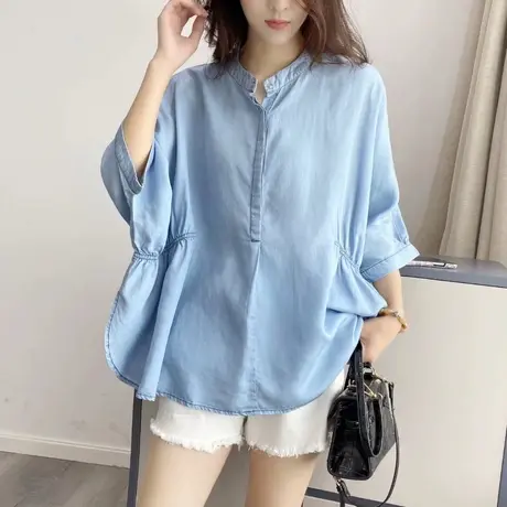 2024春夏季新款薄款轻薄牛仔衬衫女上衣七分袖宽松韩版套头衬衣女商品大图