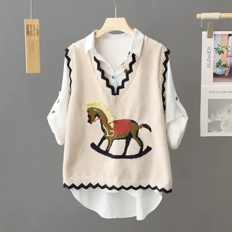 学院风刺绣v领针织背心女马甲宽松秋冬叠穿无袖毛衣马夹外搭坎肩商品大图