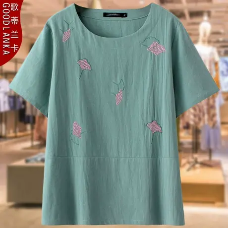 40-50岁中年妈妈夏装短袖t恤200斤大码洋气刺绣中老年女纯棉上衣图片