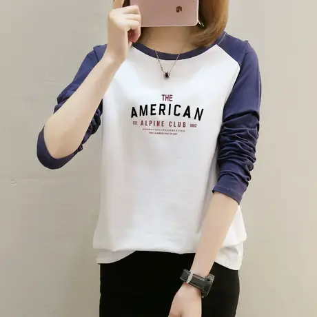 纯棉长袖t恤女士字母印花宽松上衣2022年秋装新款显瘦打底小衫潮图片