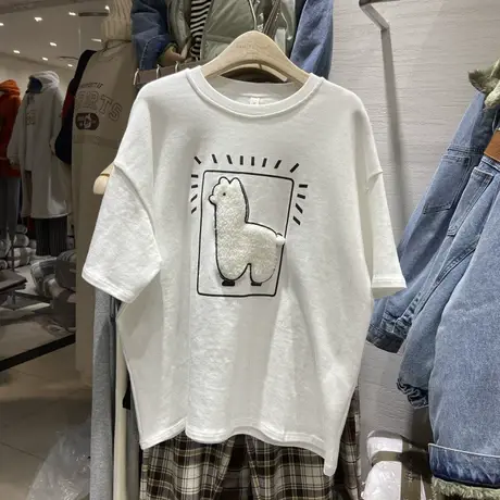 短袖t恤女夏装2021新款韩版ins潮羊驼小清新宽松时尚百搭半袖上衣商品大图