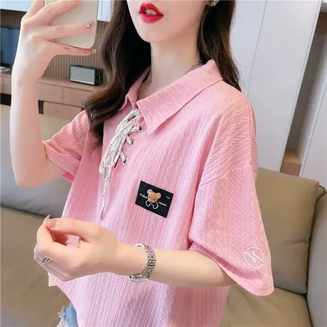 小个子短袖t恤女2023新款夏季韩版宽松短款翻领polo领系带上衣服图片