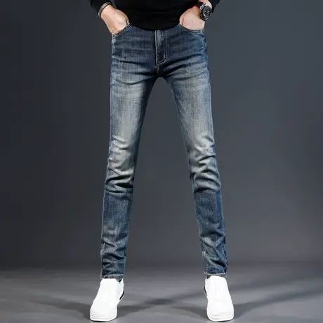 欧美高端男士牛仔裤2023秋冬新款蓝色复古修身小脚弹力休闲裤子男商品大图