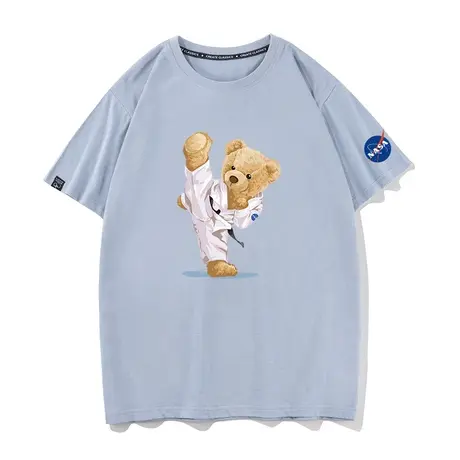 秀洛nasa联名短袖T恤男夏季宽松跆拳道小熊半袖纯棉潮流体恤打底商品大图