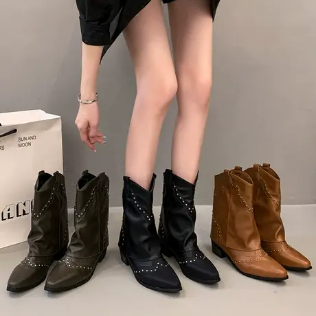 复古长靴棕色V口马丁靴时尚西部牛仔靴铆钉切尔西裤管靴烟筒短靴图片