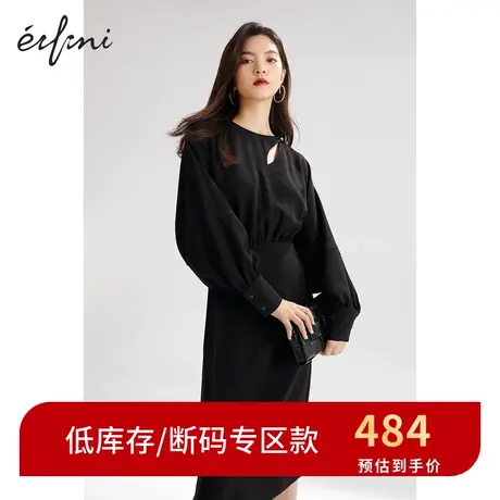伊芙丽连衣裙春秋新品时尚收腰包臀小黑裙中长款裙子女 1C8991591图片