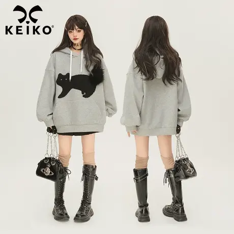 KEIKO [加密绒]立体黑猫饰灰色卫衣女2024早春慵懒风连帽休闲外套商品大图