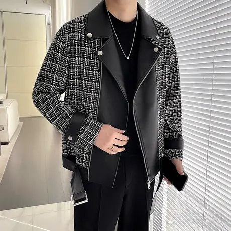 春秋季2024新款潮牌拼接设计感皮衣夹克男时尚宽松痞帅发型师外套商品大图