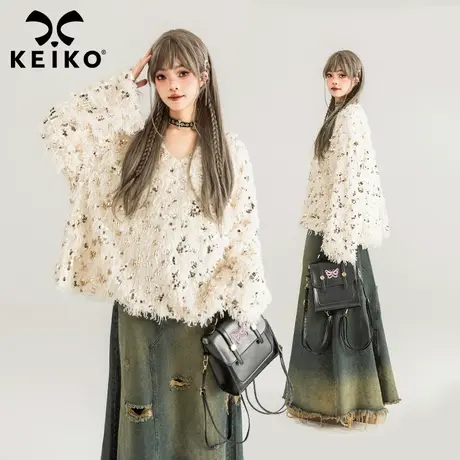 KEIKO 亮片饰羽状绒料毛衣女2024春季高级感oversize软糯宽松上衣商品大图