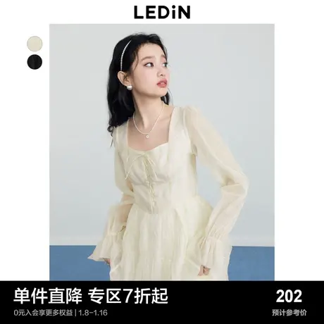 乐町温柔网纱连衣裙夏白色法式方领不规则长裙长袖仙女裙图片