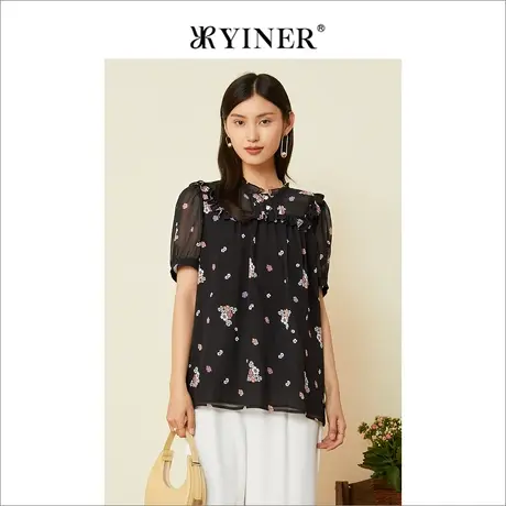 YINER音儿线上专选女装2022夏季印花上衣花边泡泡袖雪纺衫图片