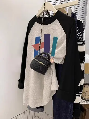 hiphop潮牌插肩袖上衣ins潮纯棉拼色设计感美式长袖T恤女大码外套商品大图