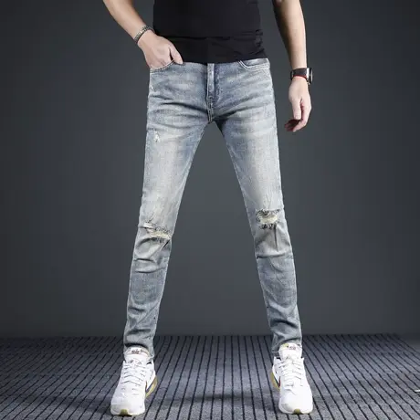 美式复古破洞牛仔裤男修身小脚2024新款潮牌潮流水洗弹力男士裤子商品大图